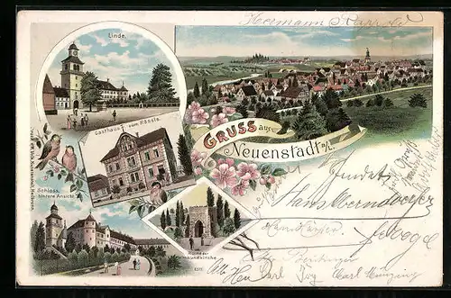 Lithographie Neuenstadt / Kocher, Gasthaus zum Rössle, Ruine der Heimbundkirche