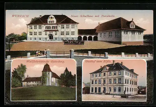 AK Bad Wurzach, Gasthof zum Rössle, Schulhaus mit Turnhalle
