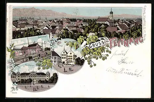 Lithographie Tettnang, Schloss, Bahnhof, Tor, Panorama