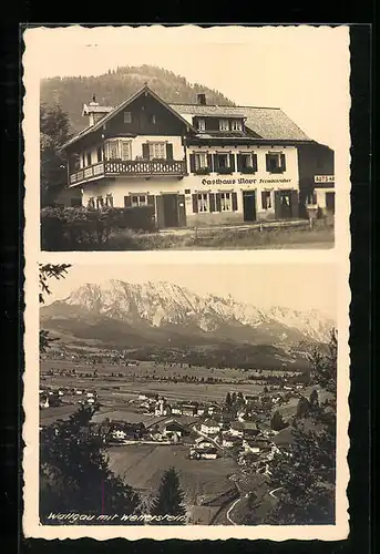 AK Wallgau, Gasthaus Mayr, Ortsansicht mit Wetterstein