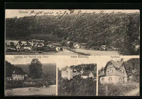 AK Sulzau, Gasthaus-Brauerei zum Löwen, Schloss Weitenburg, Forsthaus und Totalansicht
