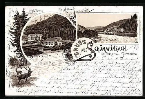 Lithographie Schönmünzach im Murgthal, Hôtel & Pension Waldhorn