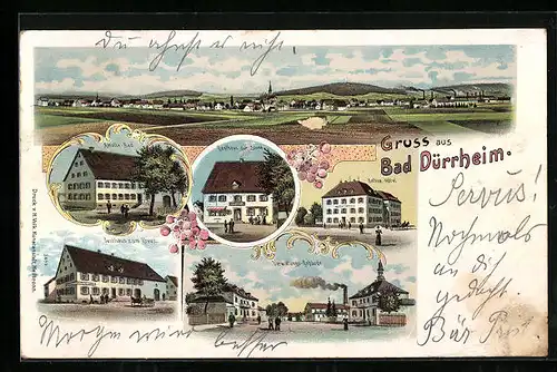 Lithographie Bad Dürrheim, Gasthäuser zur Sonne und zum Kreuz, Verwaltungs-Gebäude