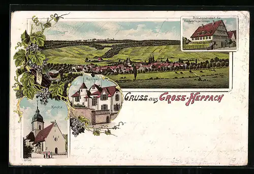 Lithographie Gross-Heppach, Bildungsanstalt für Kinderpflegerinnen, Schloss und Kirche