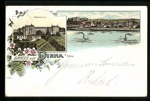 Lithographie Pirna a. Elbe, Sonnenstein, Flusspartie mit Dampfern