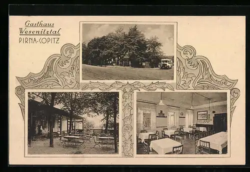 AK Pirna-Copitz, Speisesaal und Garten des Gasthauses Wesenitztal von Otto Zschäkel