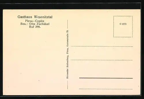 AK Pirna-Copitz, Speisesaal und Garten des Gasthauses Wesenitztal von Otto Zschäkel