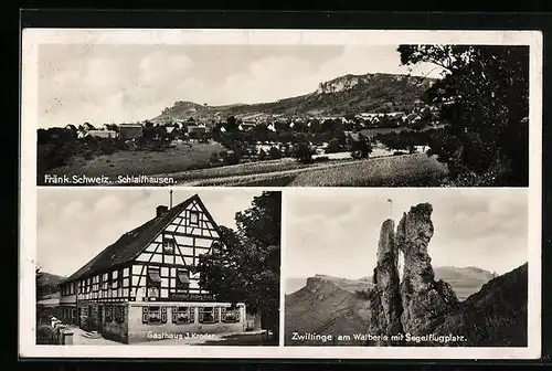 AK Schlaifhausen i. fränk. Schweiz, Gasthaus Kroder, Zwillinge am Walberle mit Segelflugplatz