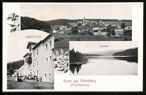 AK Fichtelberg, Gasthof zur Post, Fichtelsee und Ortspanorama
