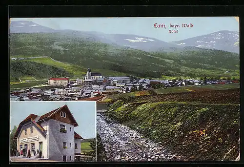 AK Lam /bayr. Wald, Bäckerei und Kolonialwaren-Handlung Alois Wenninger, Panorama