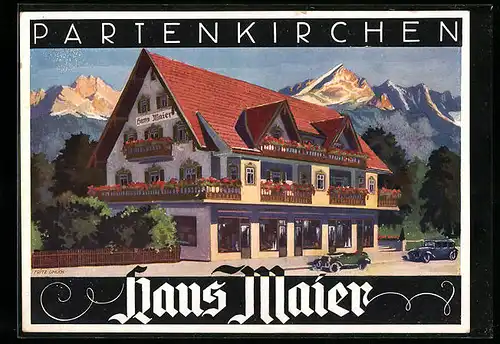 Künstler-AK Partenkirchen, Hotel-Pension Haus Maier