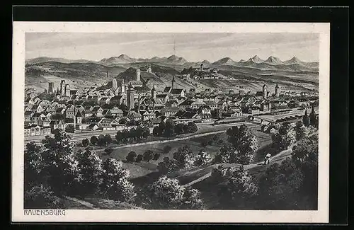 AK Ravensburg, Teilansicht mit Eisenbahn
