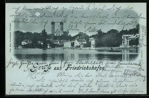 Mondschein-AK Friedrichshafen, Uferpartie mit Kirche