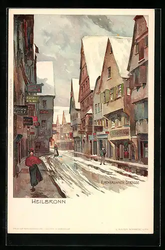 Lithographie Heilbronn, Kirchbrunnen-Strasse mit Geschäften