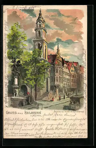 Lithographie Heilbronn a. Neckar, Brunnen & Turm am Hafenmarkt mit Strassenbahn