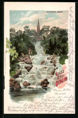 Lithographie Berlin-Kreuzberg, Wasserfall im Victoria-Park