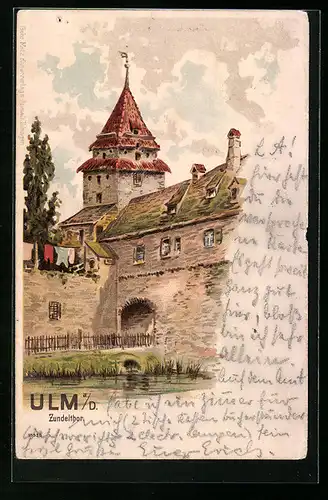 Lithographie Ulm a. D., Blick zum Zundelthor