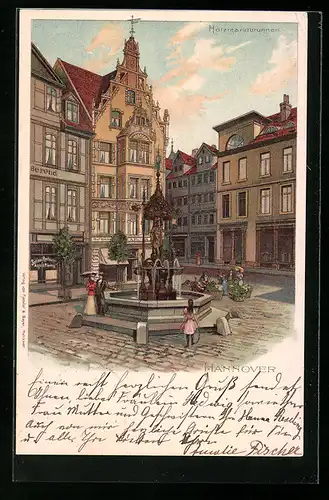 Lithographie Hannover, Ansicht vom Holzmarktbrunnen