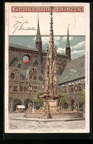 Künstler-AK Lübeck, Markt mit Marktbrunnen