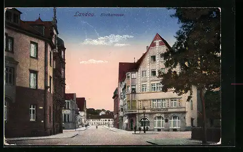 AK Landau, Kirchstrasse mit Konditorei & Cafe