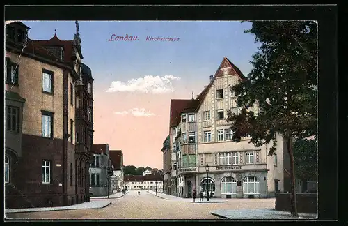 AK Landau, Kirchstrasse mit Konditorei & Cafe