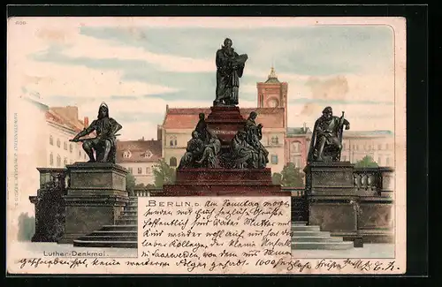 Lithographie Berlin, Neuer Markt mit Luther-Denkmal