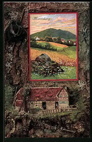 Präge-Künstler-AK Moritzberg, Teilansicht, Passepartout