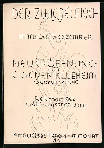 Künstler-AK Berlin, Neueröffnung Klubheim Der Zwiebelfisch e. V., Georgenstr. 40, Seepferdchen