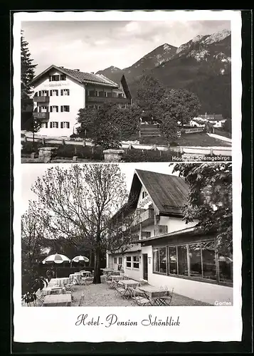 AK Krün, Hotel-Pension Schönblick mit Soierngebirge, Garten