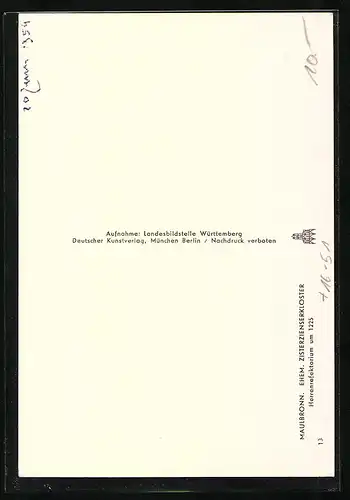 Foto-AK Deutscher Kunstverlag, Nr. 13: Maulbronn, Ehemaliges Zisterzienserkloster, Herrenrefektorium, Innenansicht