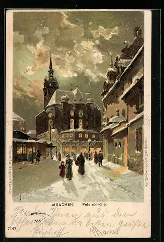 Lithographie München, Peterskirche bei Mondschein im Winter