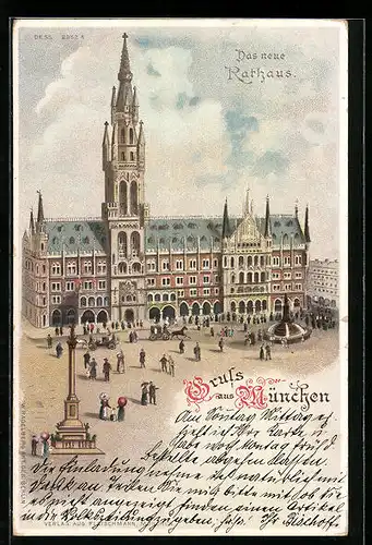 Lithographie München, Das neue Rathaus mit Denkmal