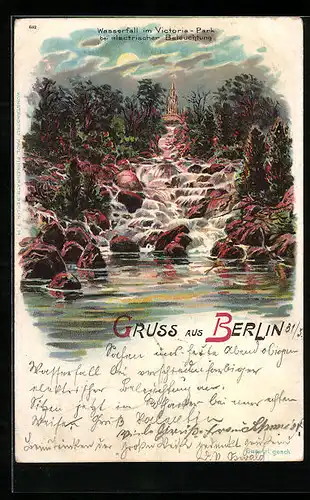 Lithographie Berlin-Kreuzberg, Wasserfall im Victoria-Park bei elektrischer Beleuchtung