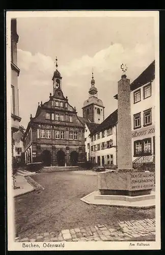 AK Buchen /Odenwald, Am Rathaus mit Gasthaus und Denkmal