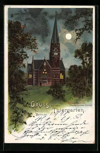 Lithographie Berlin-Tiergarten, Kaiser Friedrich-Gedächtnis-Kirche bei Mondschein