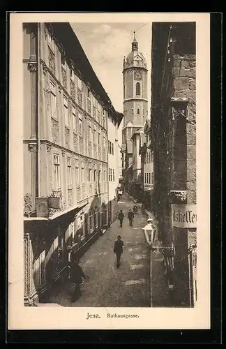 AK Jena, Rathausgasse mit Turm aus der Vogelschau