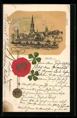Künstler-AK Ulm, Ortsansicht, Siegel mit Glücksbringern