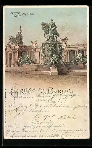 Lithographie Berlin, Denkmal Kaiser Wilhelm d. Gr.