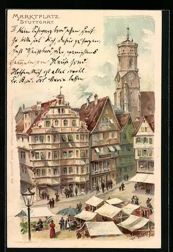 Lithographie Stuttgart, Marktplatz mit Ständen aus der Vogelschau