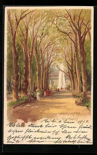 Lithographie Stuttgart, Promenade und Springbrunnen im Schlossgarten