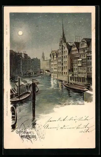 Mondschein-Lithographie Alt-Hamburg, Fleet an der Deichstrasse