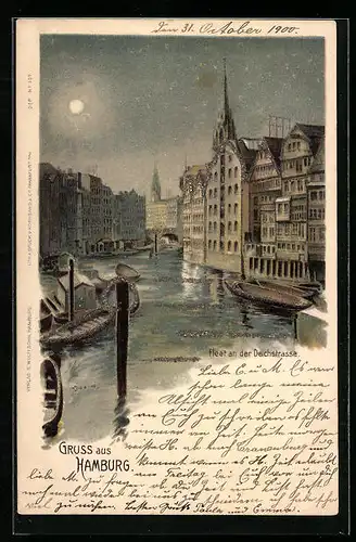 Mondschein-Lithographie Alt-Hamburg, Fleet an der Deichstrasse, Glitter