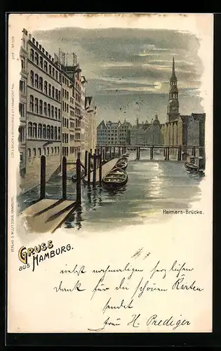 Mondschein-Lithographie Alt-Hamburg, Partie an der Reimers-Brücke