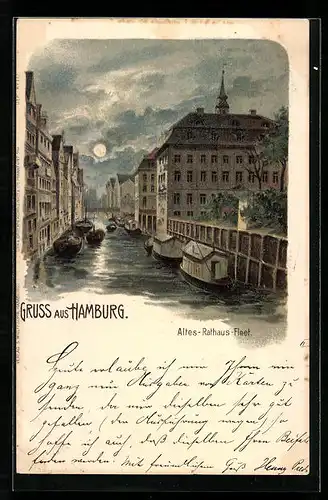 Mondschein-Lithographie Hamburg, Altes-Rathaus-Fleet mit Booten