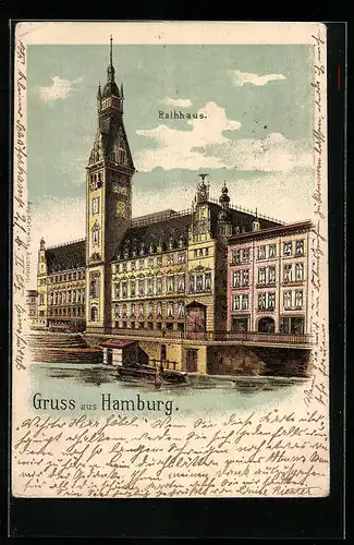 Lithographie Hamburg, Rathaus, vom Wasser gesehen