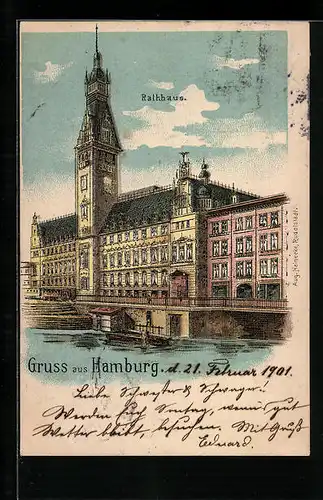 Lithographie Hamburg, Das Rathaus, vom Wasser gesehen