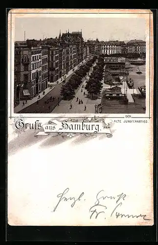 Lithographie Hamburg-Neustadt, Alter Jungfernstieg aus der Vogelschau