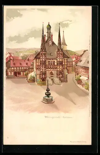 Lithographie Wernigerode, Ortspartie mit Rathaus und Denkmal aus der Vogelschau