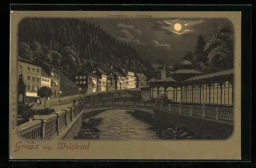 Mondschein-Lithographie Wildbad, Olgastrasse mit Trinkhalle