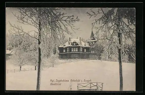 AK Rehefeld /Erzgeb., Königliches Jagdschloss im Winter, Rauhfrost